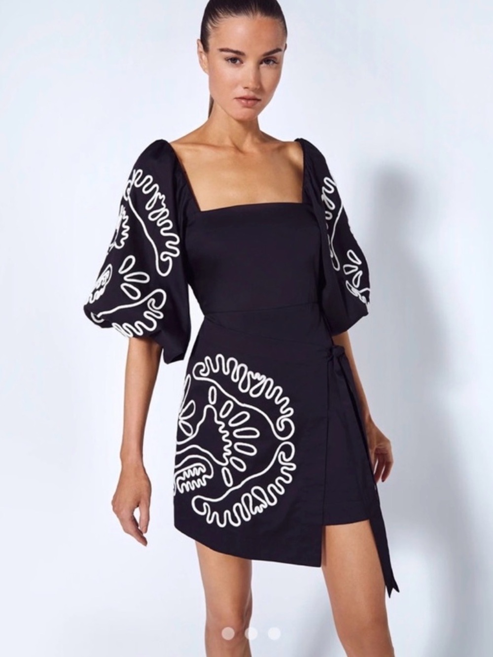 Alexis Villani embroidered mini wrap dress in Black, size M